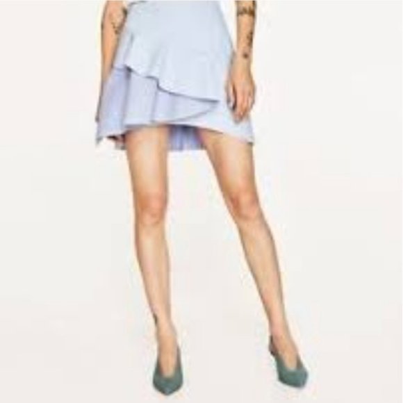 Zara Blue Stripe A-Line Frilled RUFFLE Mini SKIRT - Picture 4 of 6